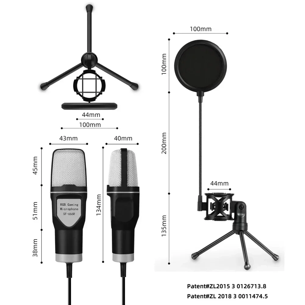 USB Wired Recording Podcast Mic With Stand Microphone Noise Reduction RGB Condensador Mic For Interview Vlogging Video