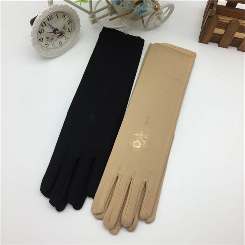 Ladies Sun Protection Full Finger Gloves Mid-length Summer Spandex Embroidered Thin Elasticity Etiquette Driving Women's Gloves