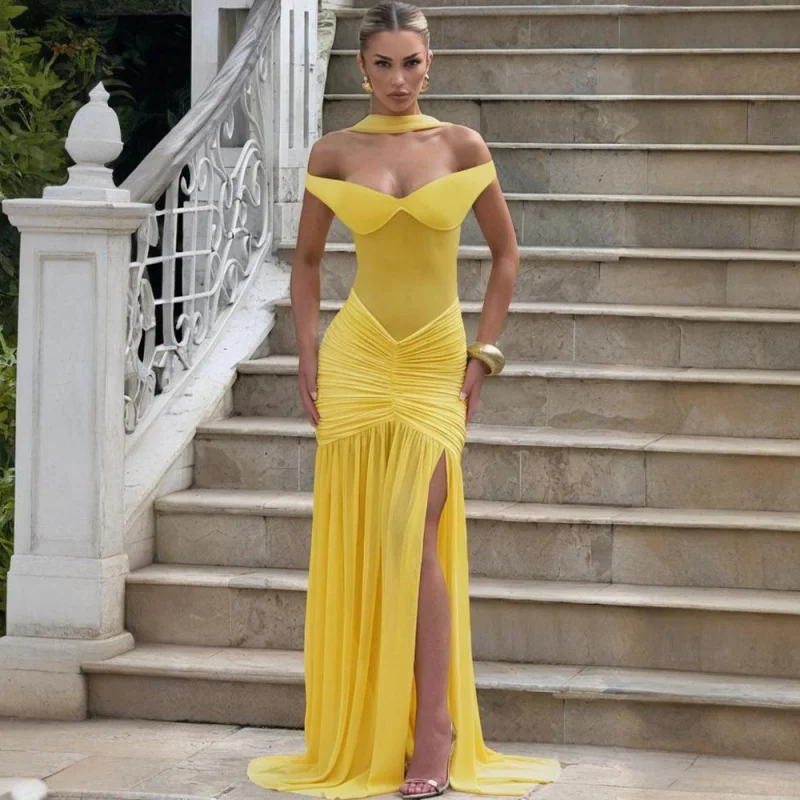 European and American Summer Strapless Backless Elegant Mesh Ruched Slit Long Dress