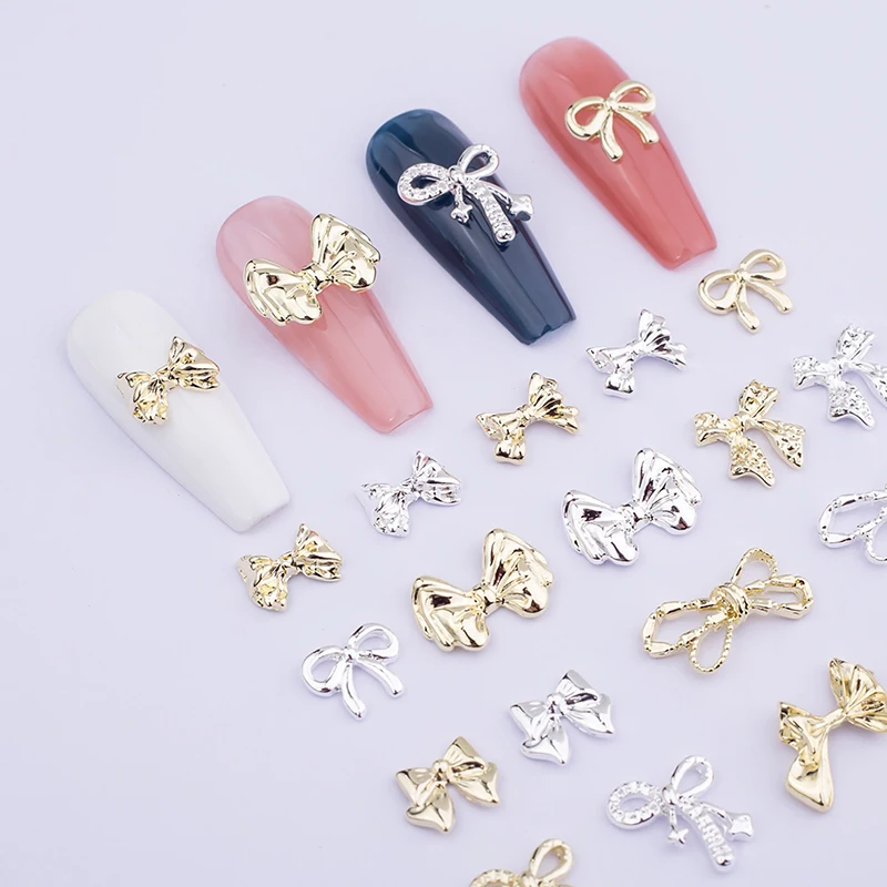 10pcs Bow Deco Nail Art Charm 3D Silver/Gold Bowknot Ribbon Inlaid Rhinestone Nail Decor Parts DIY Luxury Manicure Accessories