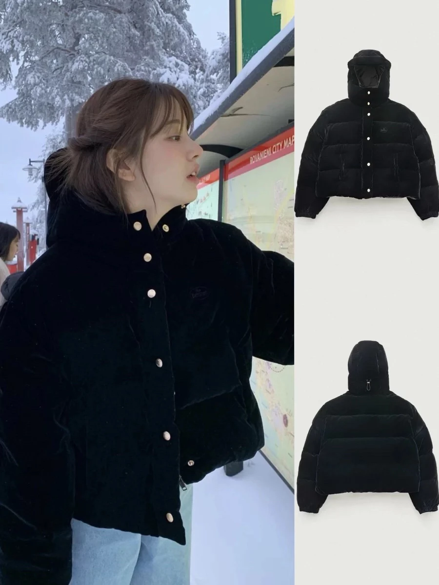 Coreano Sle Bar*net ort Velluto Allentato Piuma d'oca bianca Jaet Retro Otto Milkmaid Cappotto con cappuccio Dolce Sle Thiened Lungo S...