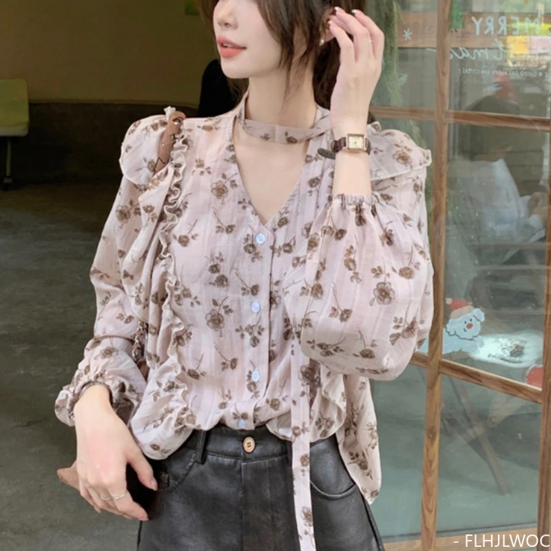 Retro Flower Floral Bow Tie Ruffles Tops Women Korea Style Design Long Sleeve Elegant Cute Ribbon Sweet Basic Shirts Blouses