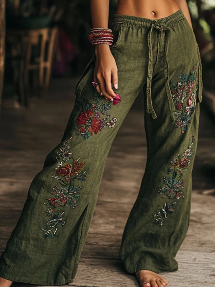 عطلة مرونة عالية الخصر بنطال بسيط ، المرأة ربيع الخريف الدانتيل متابعة السراويل الموضة ، 2025 طباعة أنيقة غير رسمية بنطال ذو قصة أرجل واسعة