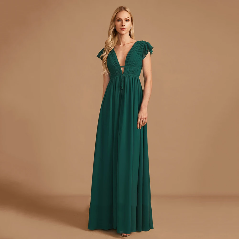 

Customized Sexy Deep V-Neck Bridesmaid Dresses Simple High Slit A-Line Backless Prom Gown Pleat Floor-Length Ruffles Plus Size W