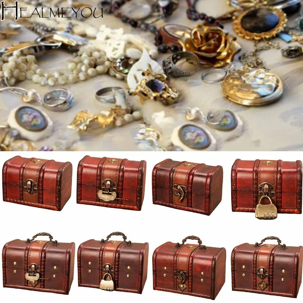 

Антикварный винтажный сундук с сокровищами, декоративная деревянная коробка для хранения ювелирных изделий, металлический замок, шкатулка для ювелирных изделий, упаковочная коробка