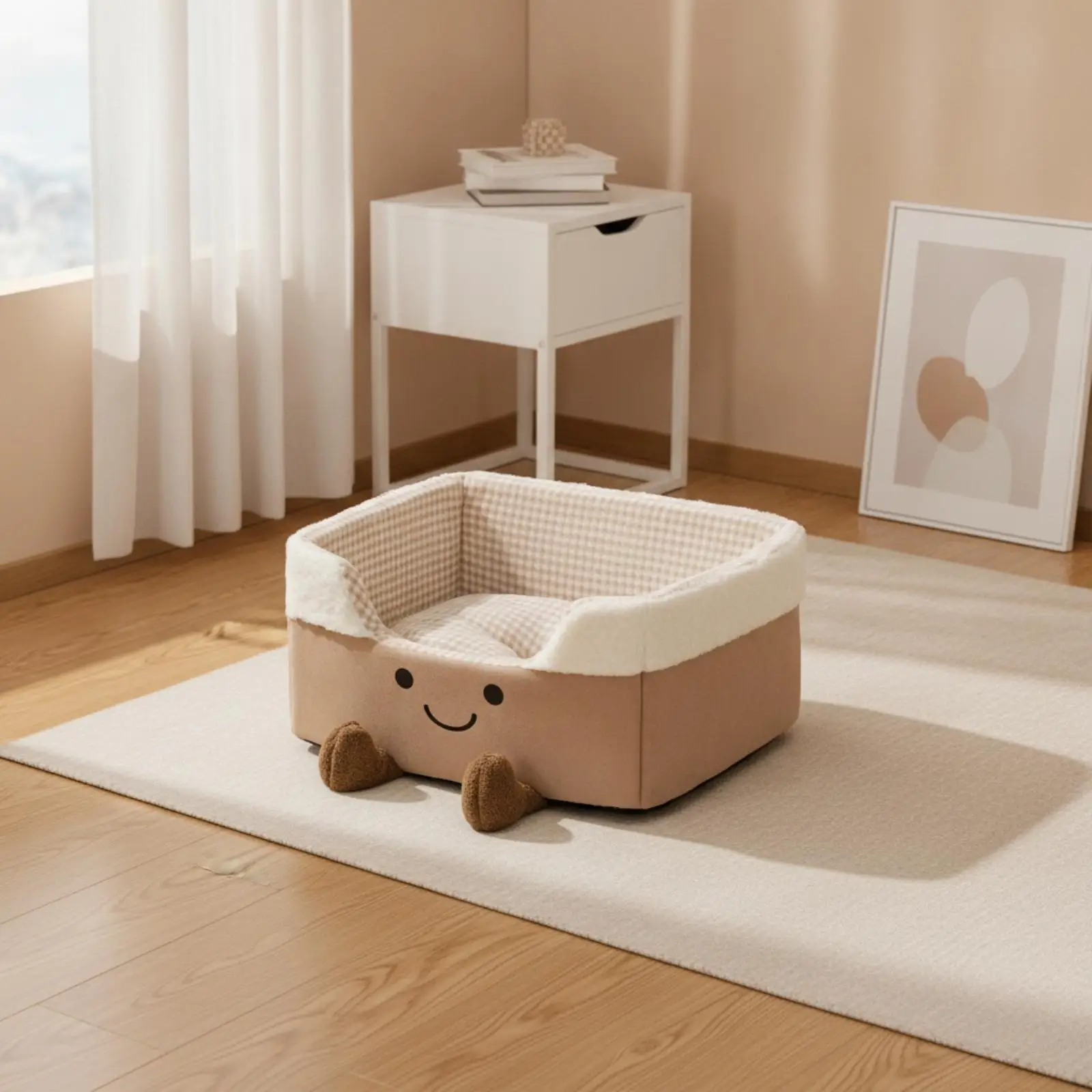 Raised-Side Pet Bed with Pillow Washable Smiling-Face Pet Cozy Bed No Assembly Required for Small Dogs, Cats, Napping, Room
