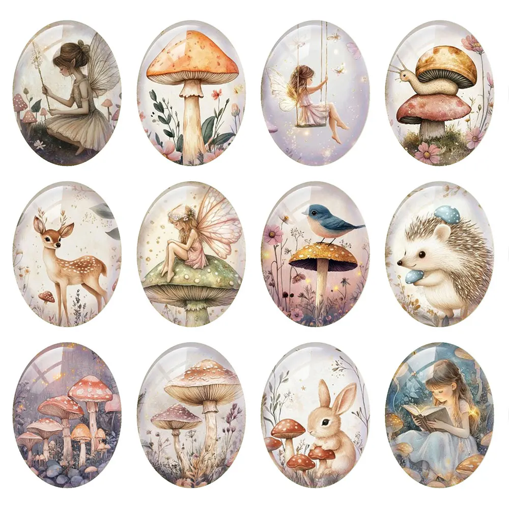 Random Mixed Round/Oval/Square Fairy Forest Mushroom Bunny Dear Photo Glass Cabochon Flatback Demo Cameo For Diy Jewelry Making