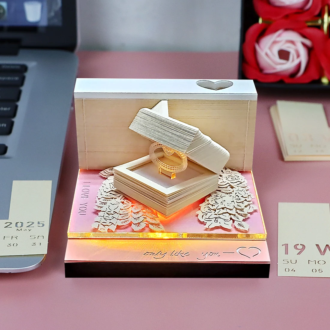 3D Carving Notepad Calendar 2025 Ring Box With Light 3D Memo Pad Mini Note Stickers Paper Novel Wedding Gifts For Guests