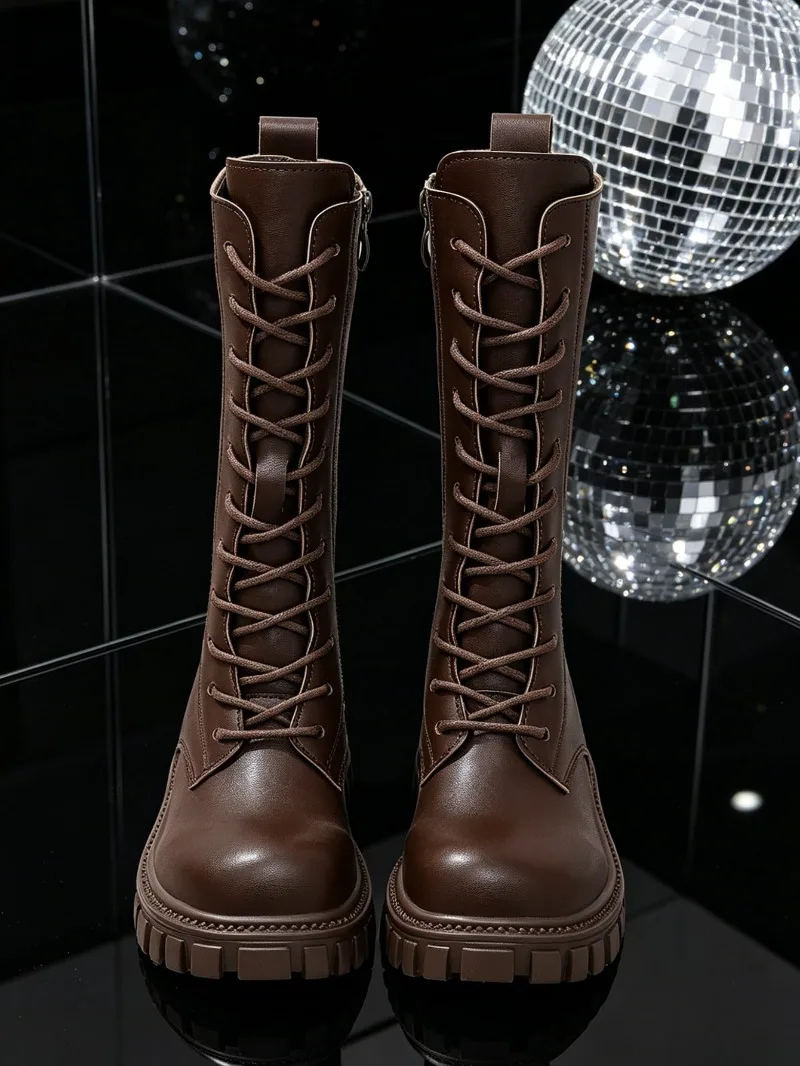 Girls High Top Combat Boots Kids Lace Up Side Zipper Non-slip Platform Leather Boots For Girls Autumn Daily Princess Long Boots