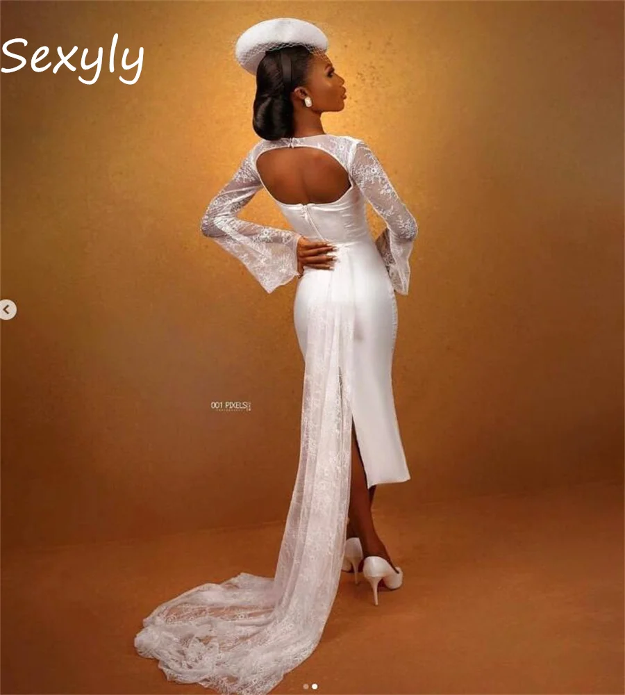 Nigeria Africa Boho Wedding Dress Lace Train Long Sleeve Beach Bohemain Bridal Gown Sexy Open Back Short Bride Customized