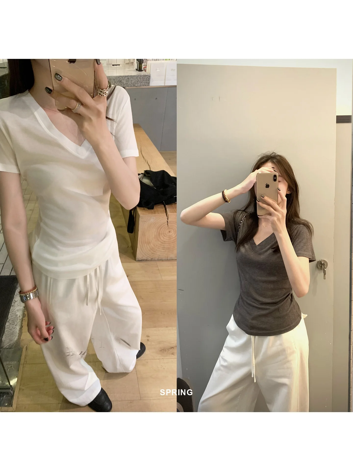 

Женская футболка Hualun из вискозного шелка с V-образным вырезом, коротким рукавом, эффектом «голой кожи», повседневная, универсальная, модная, летняя новинка, комфортная