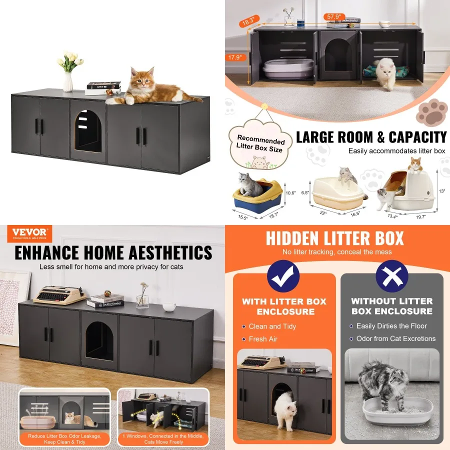 

Cat Litter Box Enclosure Wooden Litter Box Furniture Hidden 57.9" Black
