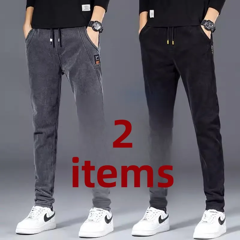 

Высококачественные модные мужские джинсы в корейском стиле, модные весенне-осенние тонкие прямые брюки с эластичной резинкой на талии, повседневные длинные брюки