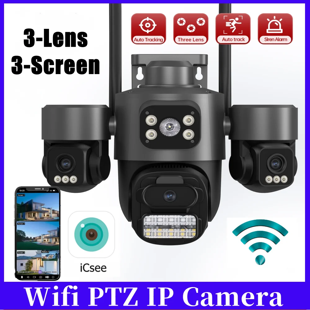 Wireless IP Camera 3 Lens 3 Screen 360° Auto Tracking Color Nightvision Outdoor CCTV WiFi Video Protection Security Camera ICsee