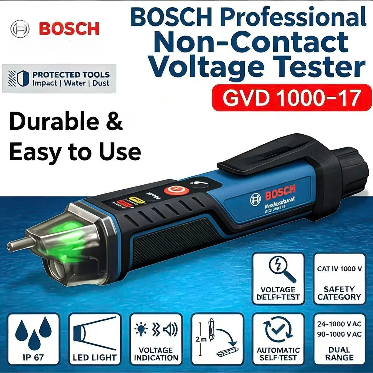 BOSCH GVD 1000-17 Professional Non-contact Voltage Tester Self-test IP67 Rating Dual Voltage Power Tool Accessories