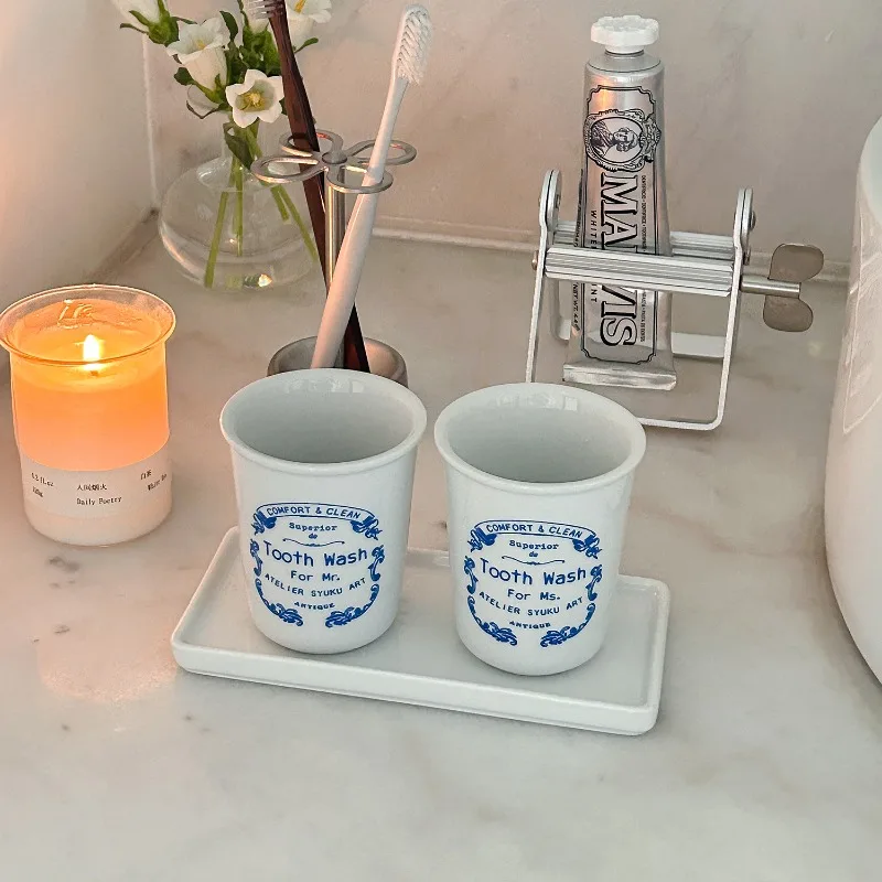 French Retro Ceramic Toothbrush Holders for Bathrooms Reusable Toothbrush Ins Couple Mouthwash Cup, Bathroom Counter Organizer