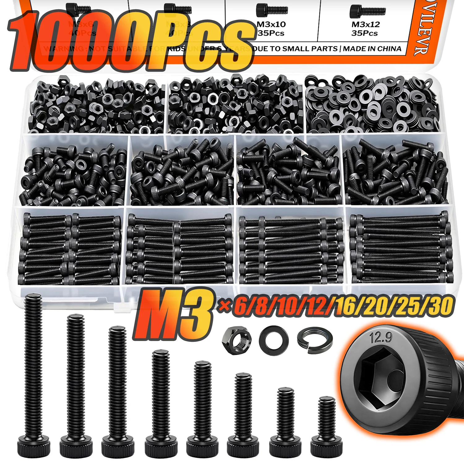 1000PCS 12.9 Grade M3 Hex Socket Bolts Kit, M3x6-30mm Black Screws Nuts Washers, DIY Home Repair