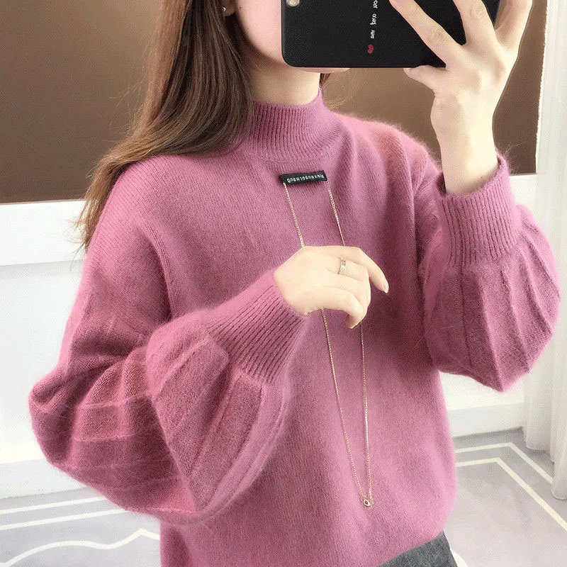 New Autumn/Winter Fashion Korean Edition Half High Neck Lantern Sleeves Large Loose Versatile Slim Women\'s Knitted Sweater