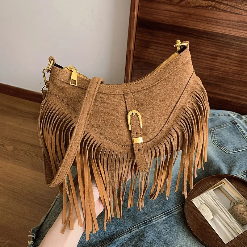 New Bohemian Vintage Brown Fringe Bag, Multifunctional Crossbody Bag in Marbled Color