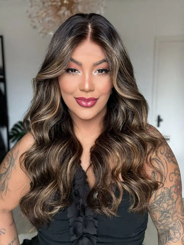 فاخر طويل طول الاصطناعية الدانتيل الباروكات أمامي الجسم موجة HD الدانتيل الشفاف الباروكات تسليط الضوء على الشوكولاته براون الباروكات زي امرأة #3