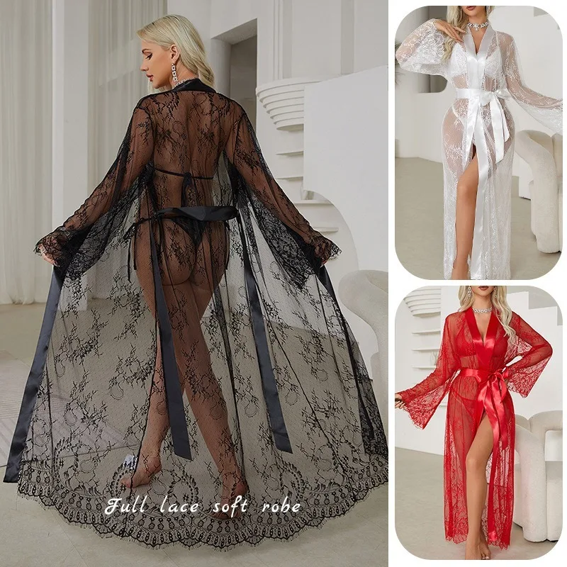 Bata de encaje transparente para mujer, camisón transparente Sexy con encaje Jacquard, adorno Floral, vestido de salón de satén para bata tipo kimono, ropa para el hogar