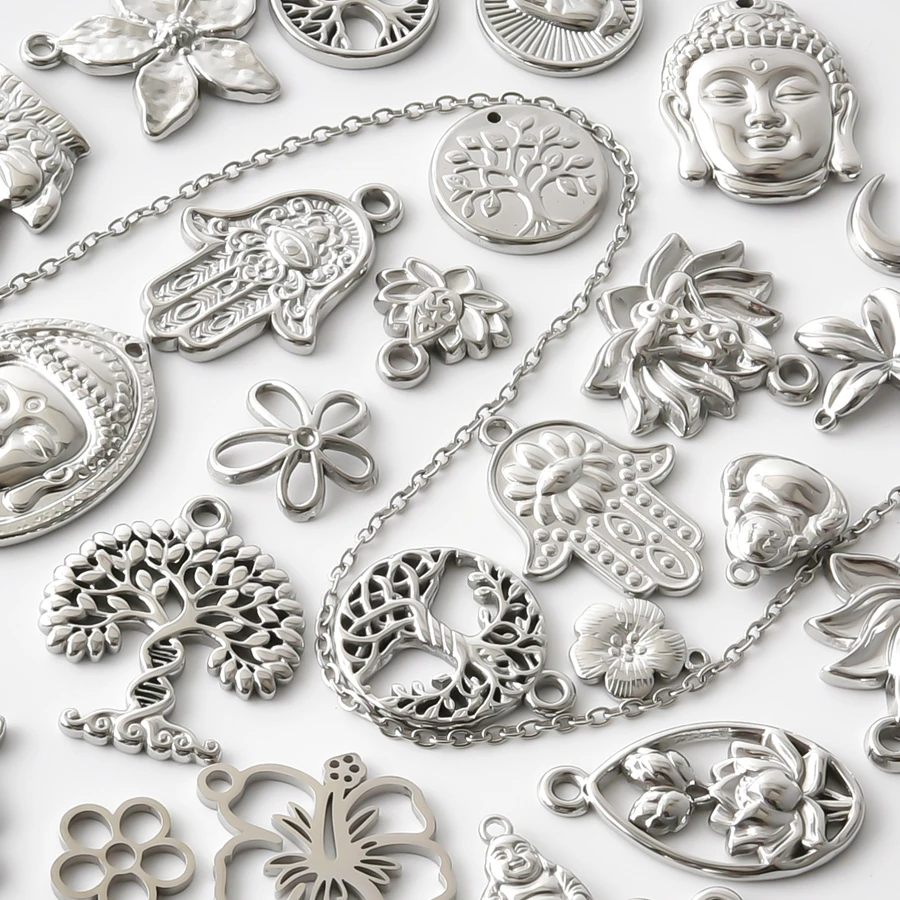 Ethnische Buddha-Kopf- und Fatima-Hand-Anhänger, Blumenbaum-Metall-Edelstahl-Charms für die Schmuckherstellung, Armbänder, Schlüsselanhänger, DIY-Anhänger – Detail 2