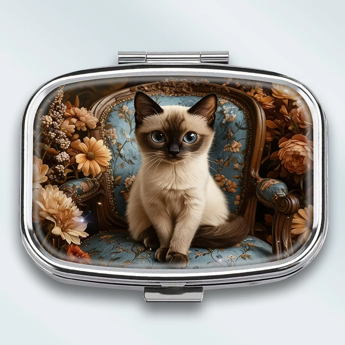 1 Vintage Elegant Siamese Cat Sitting Chair Themed Square Double-Compartment Pill Box - Portable Medicine and Vitamin Storage Box, Suitable for Carrying or Traveling, Unique Pocket-Sized Gift, Wallet Pill Box