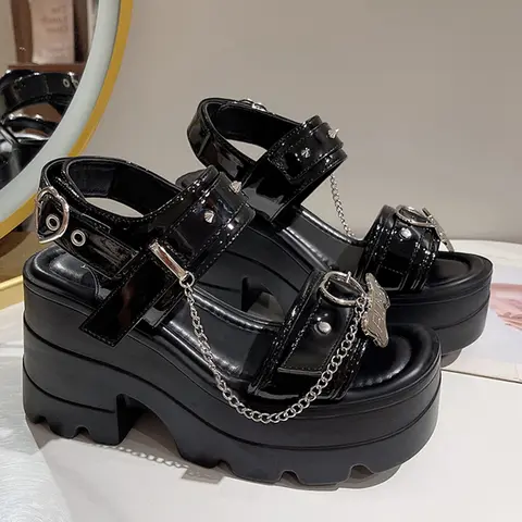 Women 10 CM Punk High Heels Rivet Design Shoes Chunky Platform Party Sandals Chain Decoration Heels Casual Outdoor Shoes 35-42