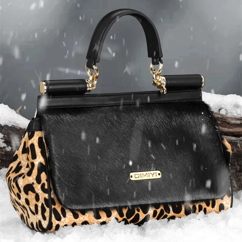 Leopard Print Stud for Autumn and Winter Women's Handbag New Genuine Leather Ladies' Fur Bag Shoulder Horsehair Messenger Bag