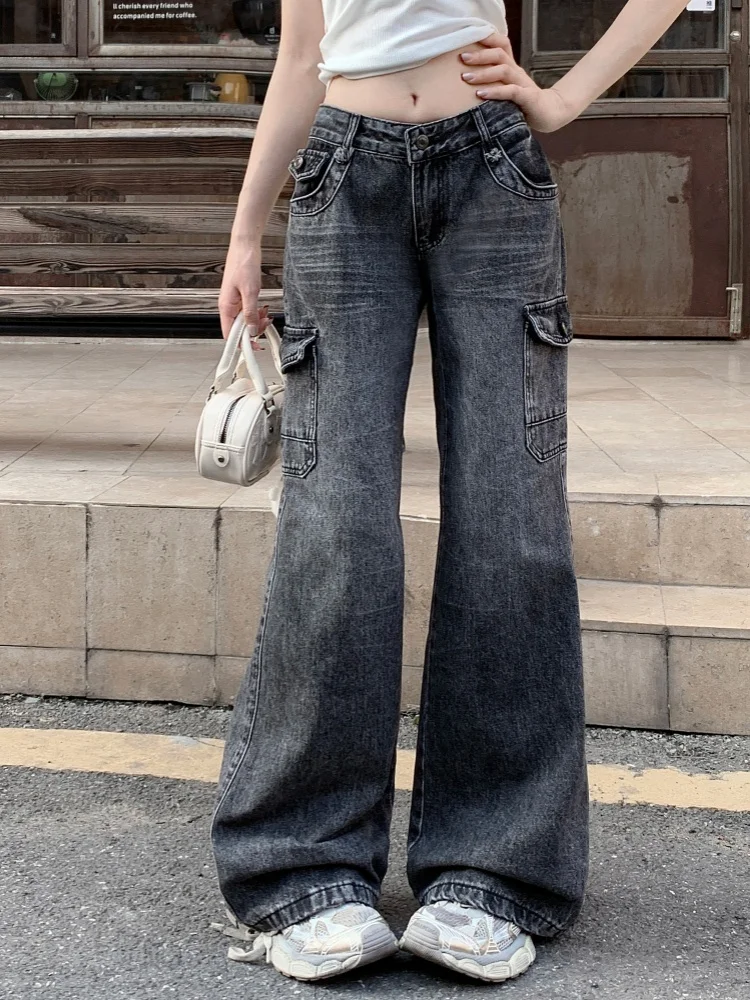 

2025 Cyber Y2K Streetwear Vintage Black Grey Baggy Flared Cargo Jeans Pants For Women Clothing Kpop Casual Lady Cotton Trousers
