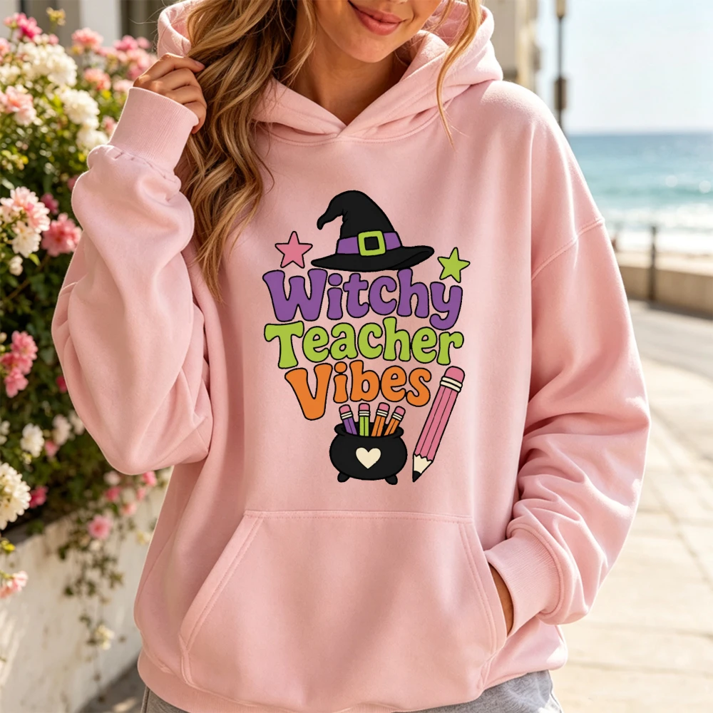 Sudadera con capucha de mujer con motivos de Halloween, estilo «profesora de magia», de manga larga, corte holgado, divertida, ideal para el otoño, para uso casual y urbano, un regalo original.