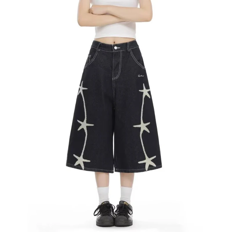 2026 Spring Summer American Style Star Embroidery Loose Slimming Jeans Capri Pants Women's Wide Leg Jeans Natural Waist Denim
