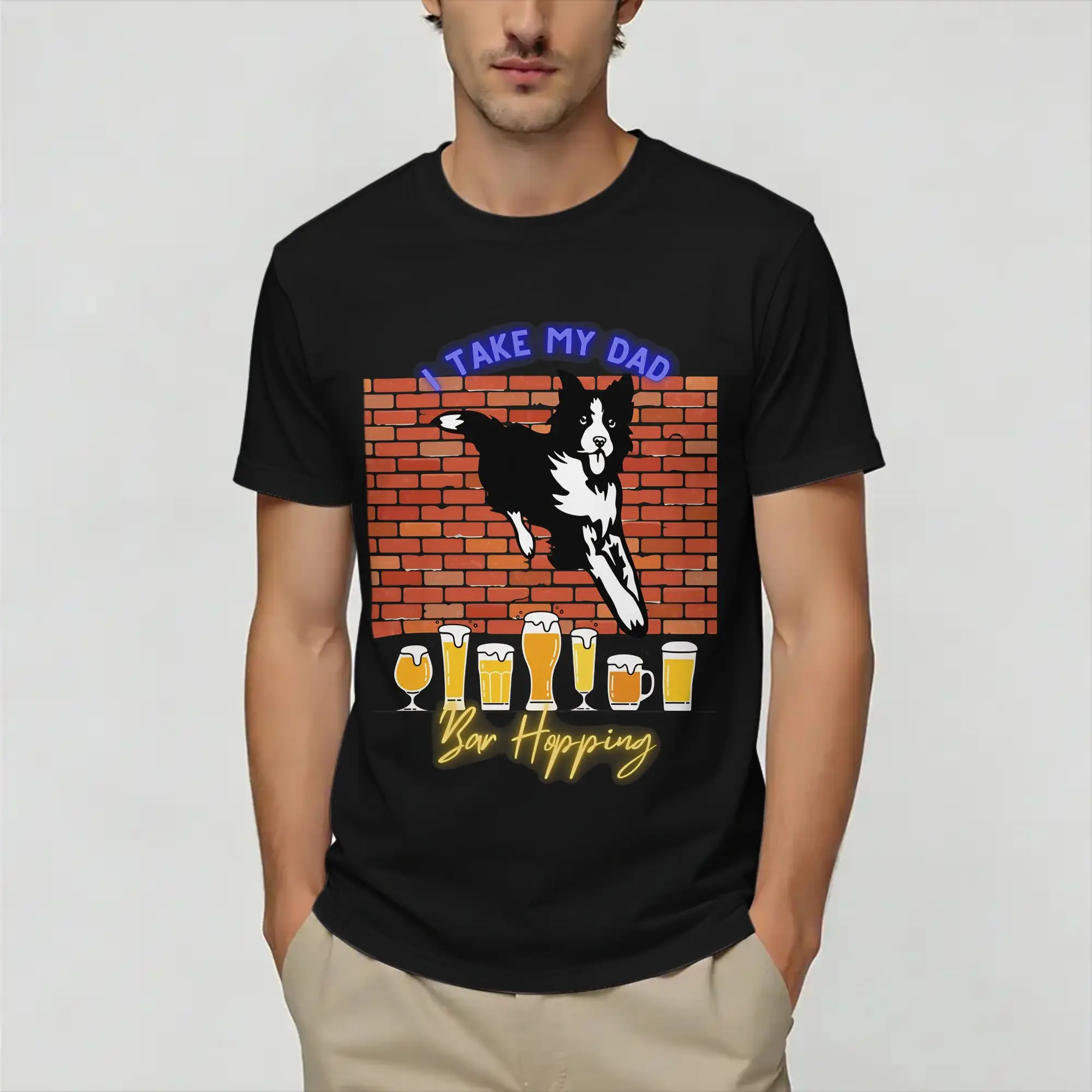 Border Collie Drinking Beer Funny Dog   T-Shirts Men  Amazing Pure Cotton Tees Crewneck Short Sleeve T Shirt Printed Clothes
