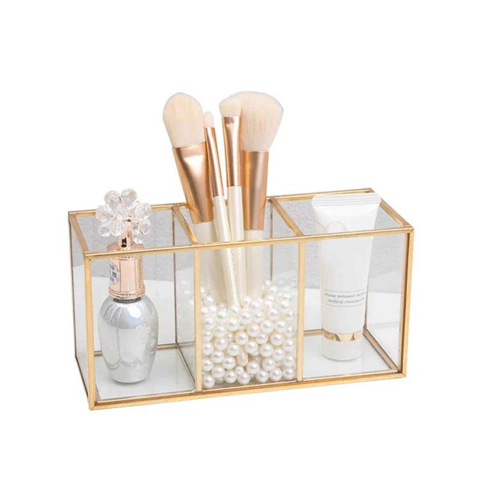 Transparent Glass Makeup Brush Storage Box Gold Cosmetics Container Ring Pencil Lipstick Holder Make Up Brushes Organizer