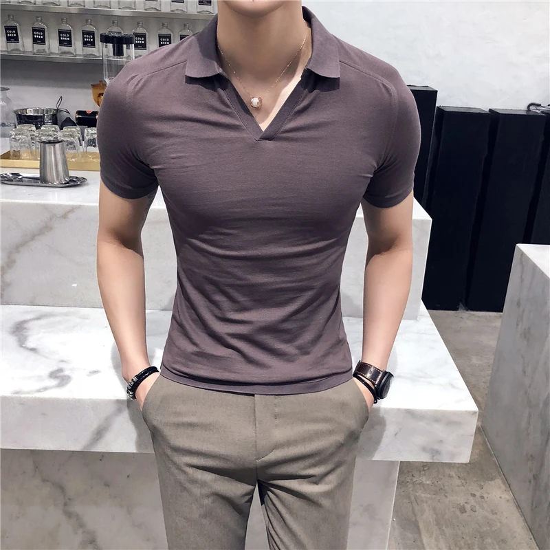 Summer New V-neck Breathable Polo Shirt Men Clothing 2022 Fashion Short Sleeved Slim Fit  Solid Color Tee Tops Streetwear 4XL-M