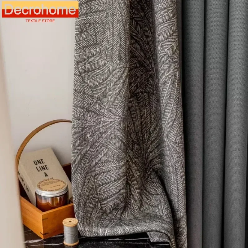 New Gray Linen Texture Stitching Blackout Curtains for Living Room Bedroom Floor-to-ceiling Windows Custom Plant Jacquard