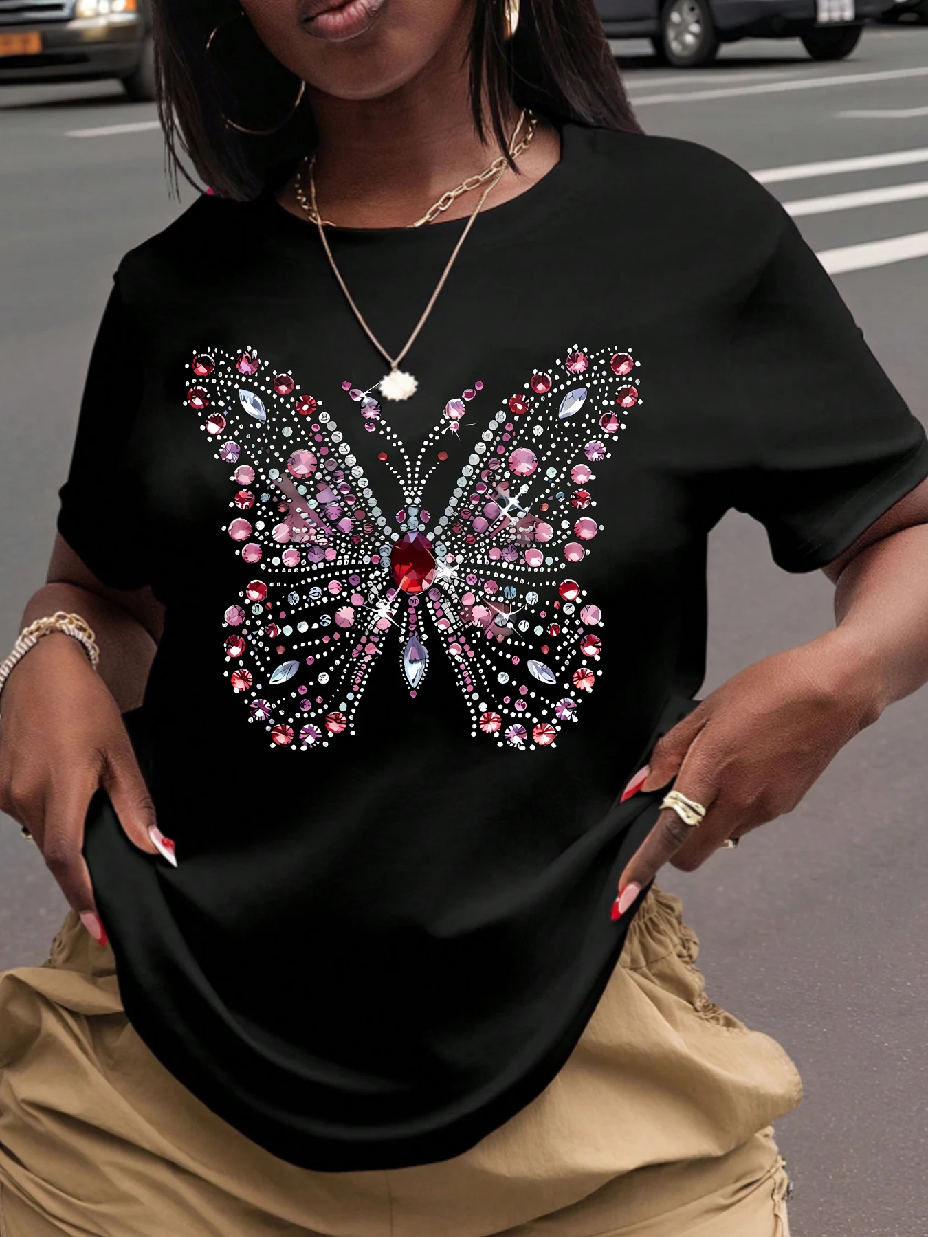 Camiseta de manga corta informal a la moda con diseño de mariposa y gemas para mujer, abrigo diario de verano, ropa de moda para mujer