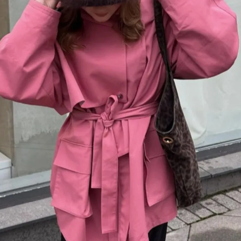 Solid Color Lapel Short Trench Coat Asymmetric Snap Button Belted Waist Loose Long Sleeve Women Elegant Casual Jacket 260901