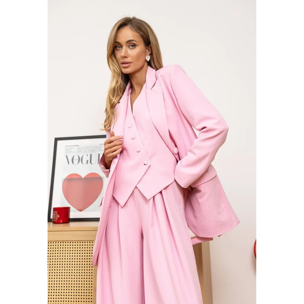 Pink Striped Women Suits 3 Piece Fashion Peak Lapel Smart Casual Office Lady Suit Formal Casual Pants Sets (Blazer+Vest+Pants)