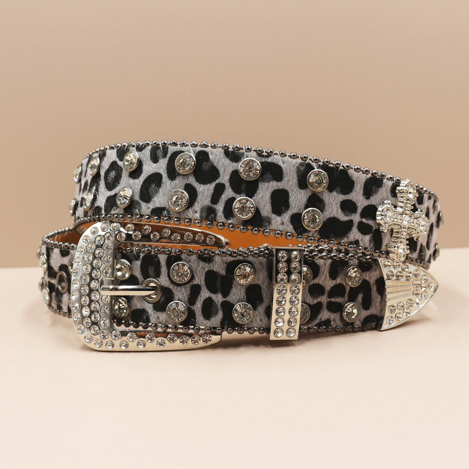 Leopard print Rhinestone Leather Belt for Men Women Large Size Belt Western Jeans Shiny Rivet Hip-hop Punk Rock Y2K Style