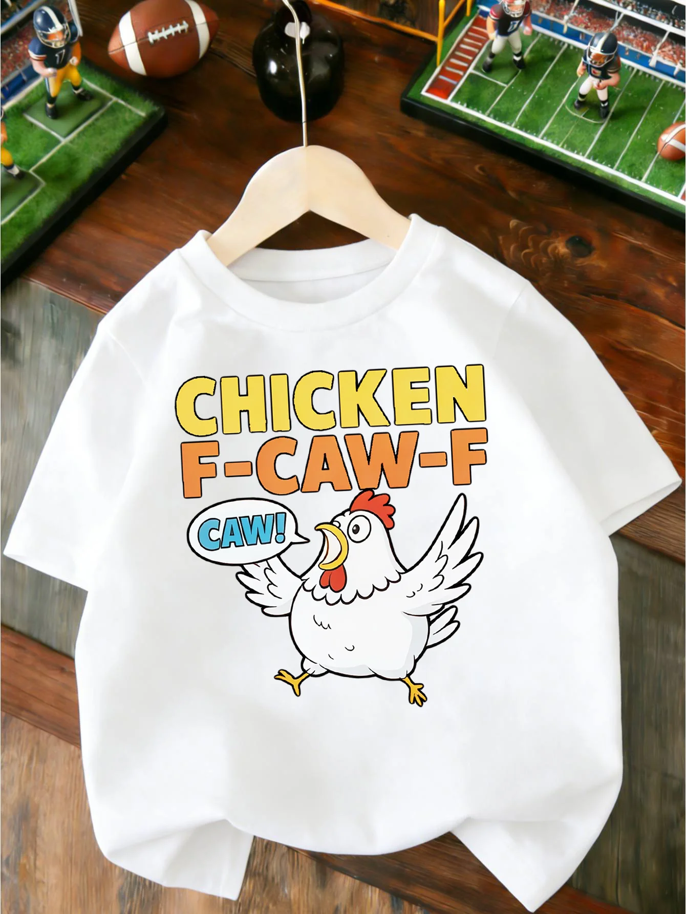 Funny Chicken CAW Quote Cartoon Farm Animal Graphic Print T Shirt Family Matching Boys Girls Kids Casual Short Sleeve Tops
