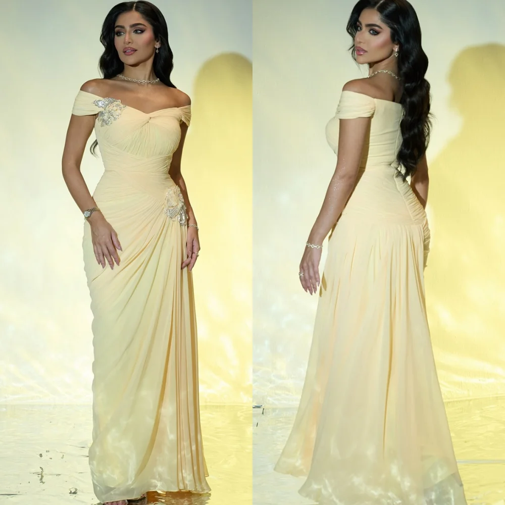 

Customized High Quality yellow Jersey Celebrity Gowns Luxury Strapless Off the Shoulder Crystal Ruched Zipper Back Robe de soiré
