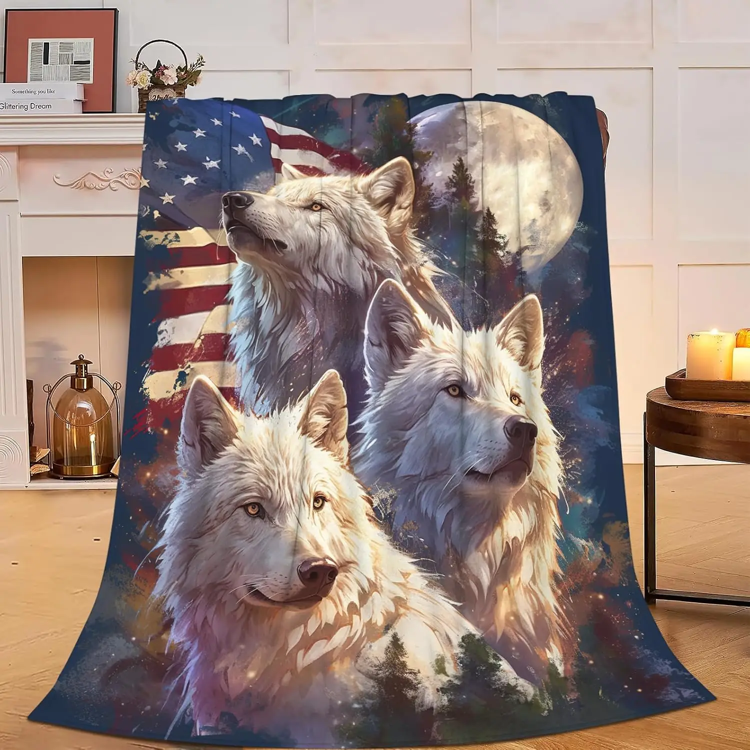 American Flag Wolf Throw Blanket Wilderness Rustic Cozy Home Decor Couch Throw Fall Spring Autumn Gift