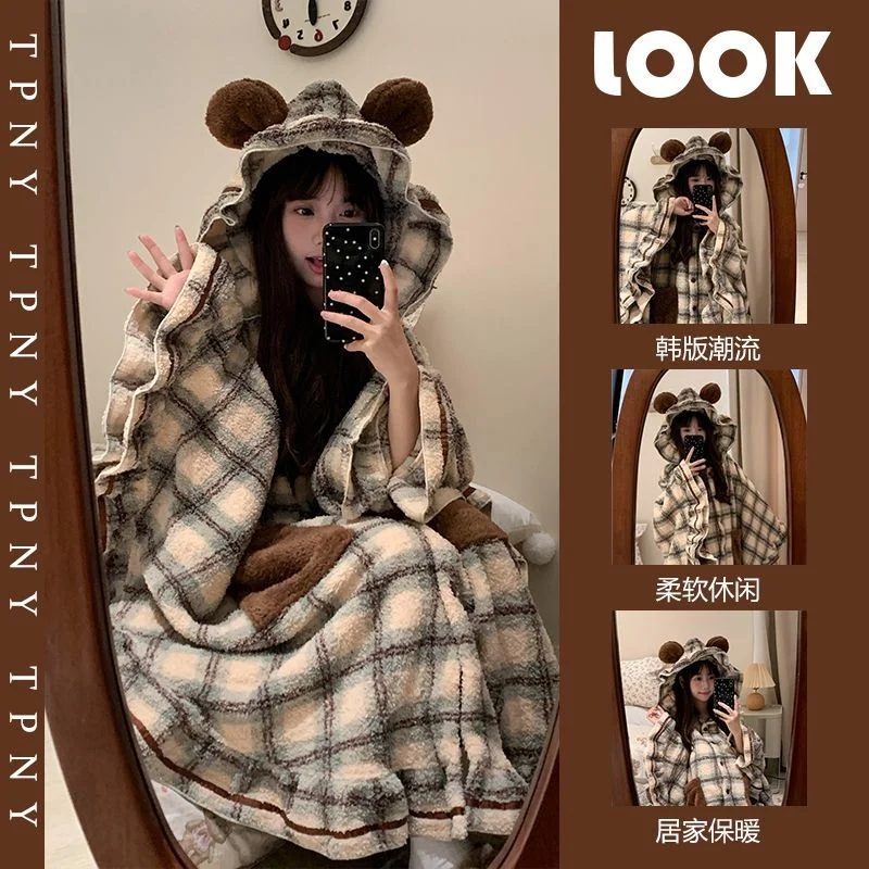 2025 Winter Long Sleeve Hooded Thick Warm Flannel Kimono Robes For Women Sexy Kawaii Bathrobes Sleepwear Nightdress Night Dre