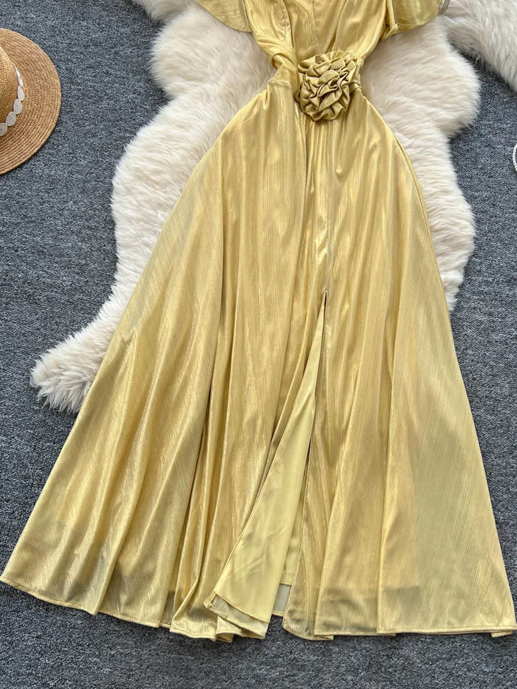 Ele V-ne Lange Dr Dames Hoge Taille A-lijn Rok Bloemen Verfraaid Afslanken Split Dr Koreaanse Sle Pendelen