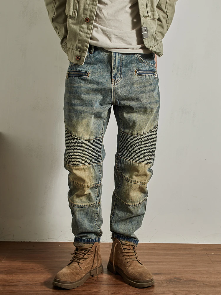 

Высококачественные американские ретро-винтажные синие мужские джинсы, модные мотоциклетные лоскутные прямые брюки, облегающие длинные брюки