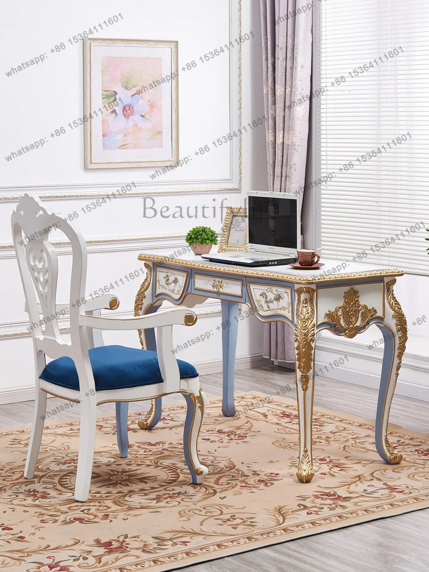 

Solid wood carving white European home desk premium French retro cream style small desk chair