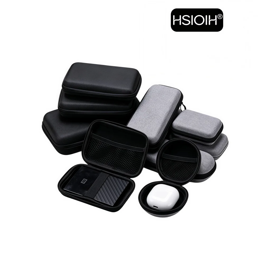 Grey and Black Portable Shockproof Hard Shell Headphone Case Earphone Storage Bag with Memory Card And USB Cable Organizer