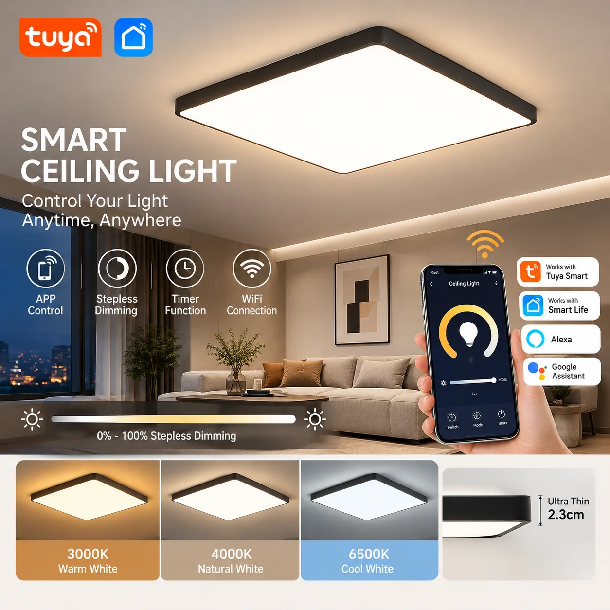 Moderne quadratische LED-Deckenleuchte, 24 W/36 W, Deckenleuchte für Heimdekoration, Beleuchtung im Badezimmer, Schlafzimmer, Küche, Wohnzimmer, 110–260 V
