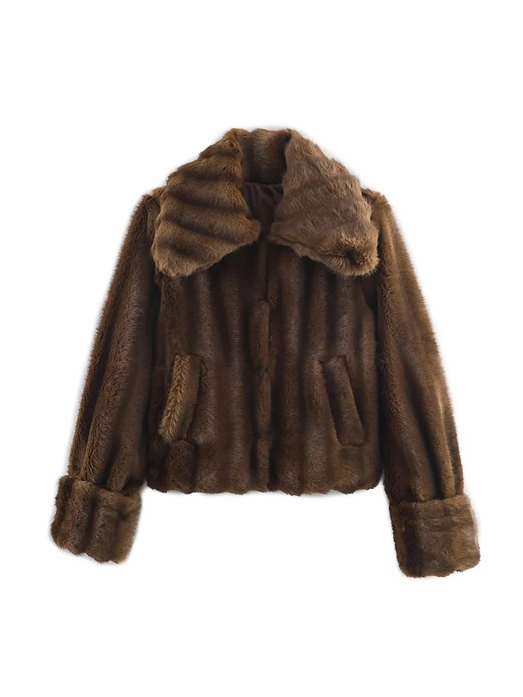 المرأة الصلبة اقتصاص فو الفراء معطف الأزياء التلبيب طويلة الأكمام واحدة الصدر جيب سترة سيدة الدافئة ركاب أبلى